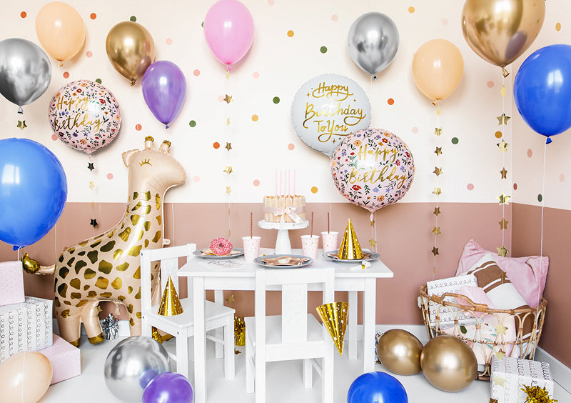PartyDeco Folienballon Happy Birthday – Weiss/Gold – Ø 35 cm – Folie – 1 Stk – mit Helium befüllbar