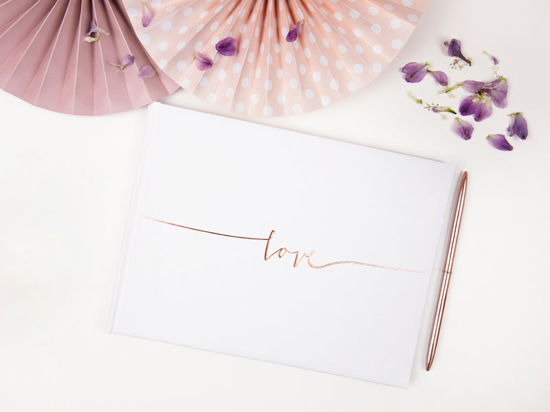 PartyDeco Gästebuch – 22 Seiten – 240 × 185 mm – Hardcover, Roségold/Weiss