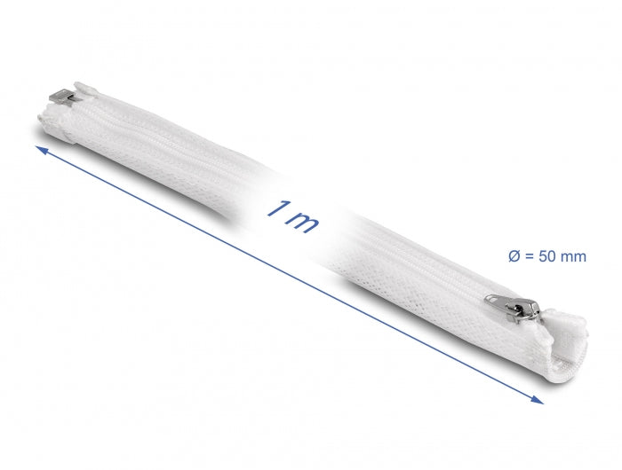DeLOCK Kabelschlauch Ø 50 mm, 1 m, wiederverwendbar, Reissverschluss, hitzebeständig – weiss