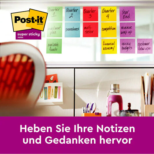 3M Post-it Haftnotizen Super Sticky – 76×76 mm – sortiert, 16×90 Blatt, PEFC