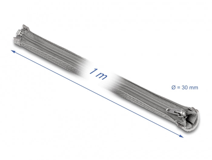 DeLOCK Kabelschlauch, Ø 30 mm × 1 m, Reissverschluss, wiederverwendbar – grau