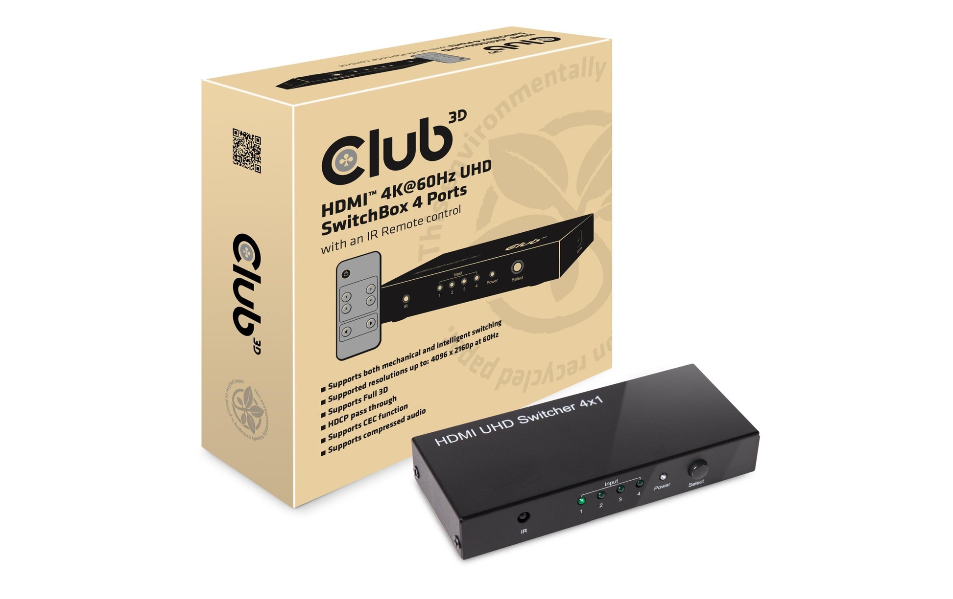 CLUB3D Club 3D – HDMI-Switchbox – 4K UHD, HDMI 2.0a, 4 Eingänge, 1 Ausgang, Fernbedienung – Schwarz, Metall