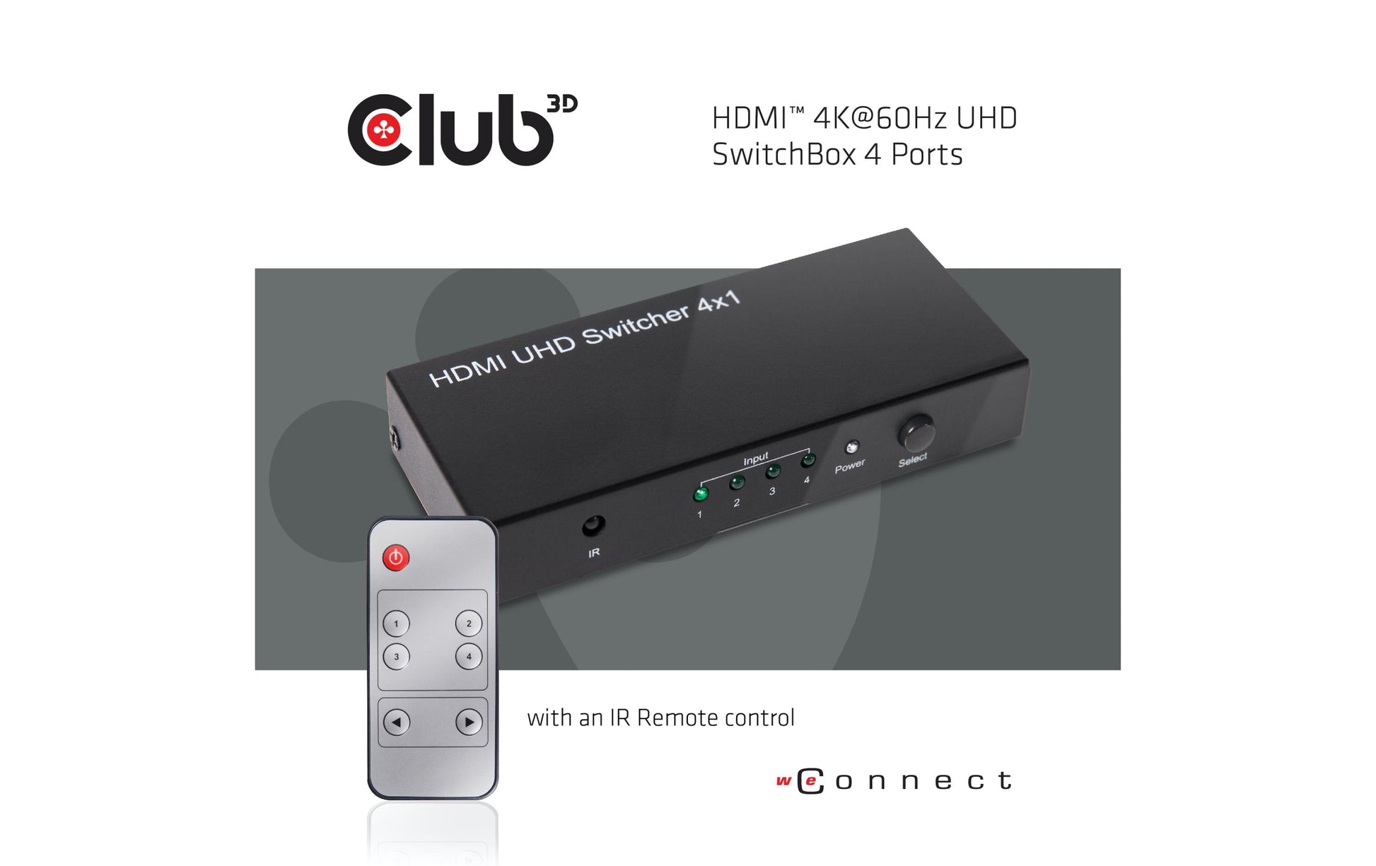 CLUB3D Club 3D – HDMI-Switchbox – 4K UHD, HDMI 2.0a, 4 Eingänge, 1 Ausgang, Fernbedienung – Schwarz, Metall