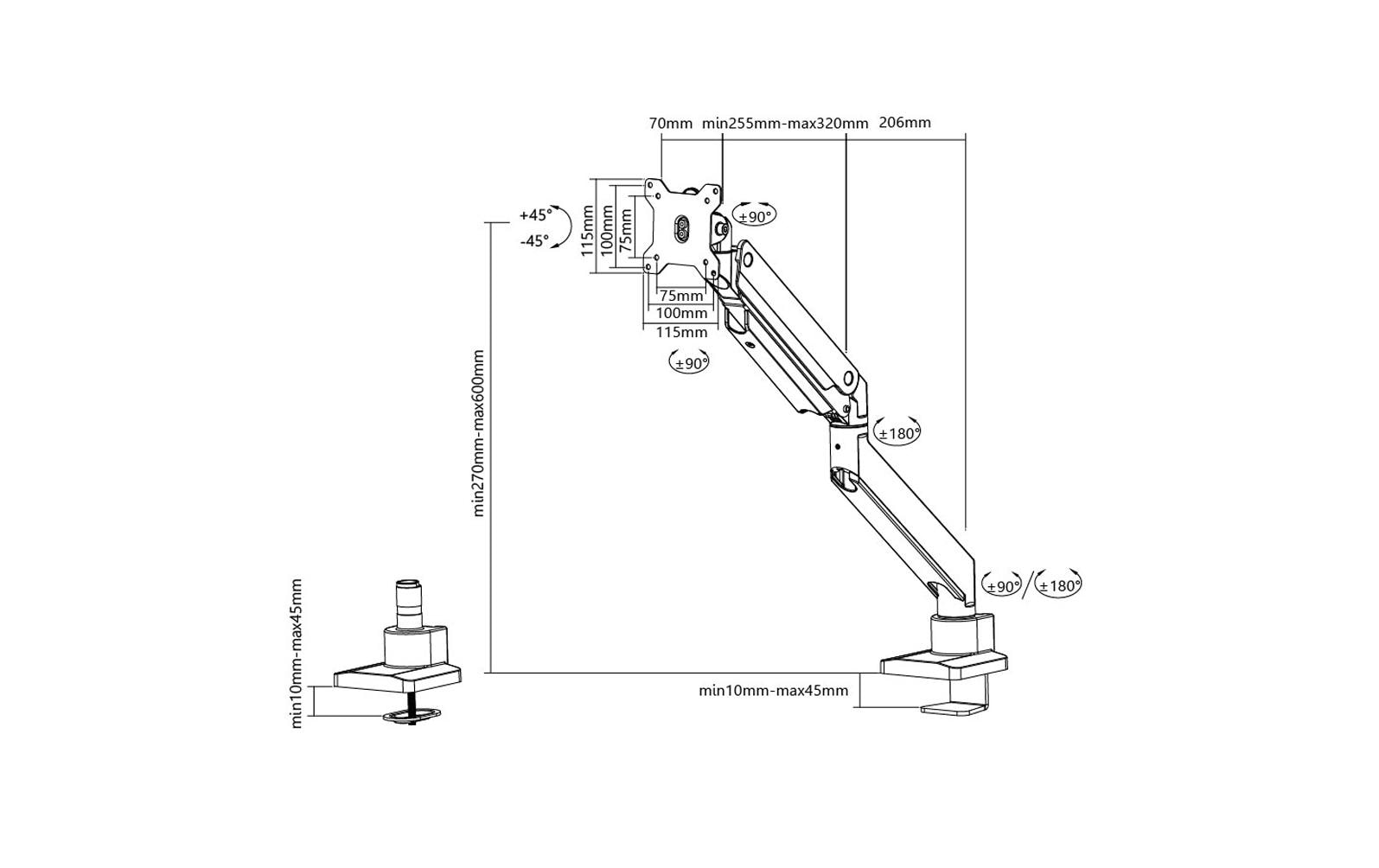 Neomounts NM-D775SILVER – Tischhalterung, Tischklemme, bis 32", VESA 100 × 75 mm, 16 kg, neigbar, Gasfeder-Dämpfung