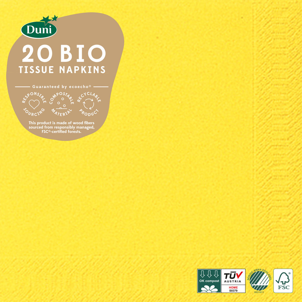 Duni Servietten – 40 × 40 cm – 3-lagig, Tissue, Gelb – 20 Stk., FSC