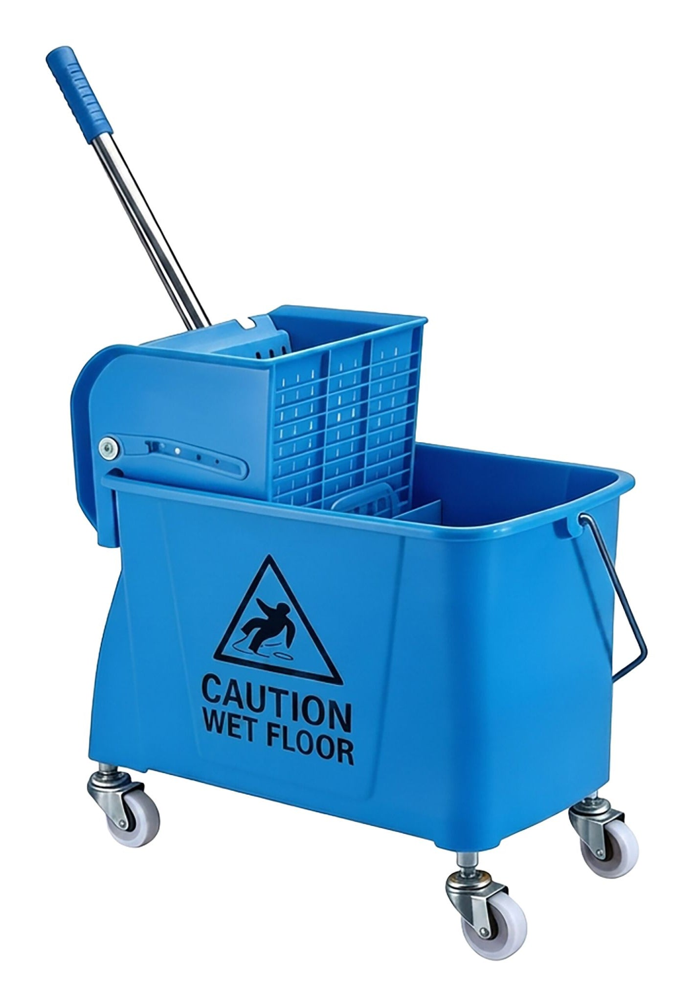 Relaxdays Reinigungswagen mit Presse – 22 l, Kunststoff/Edelstahl, Blau, 1 Stk., 44,0 × 28,0 × 66,0 cm