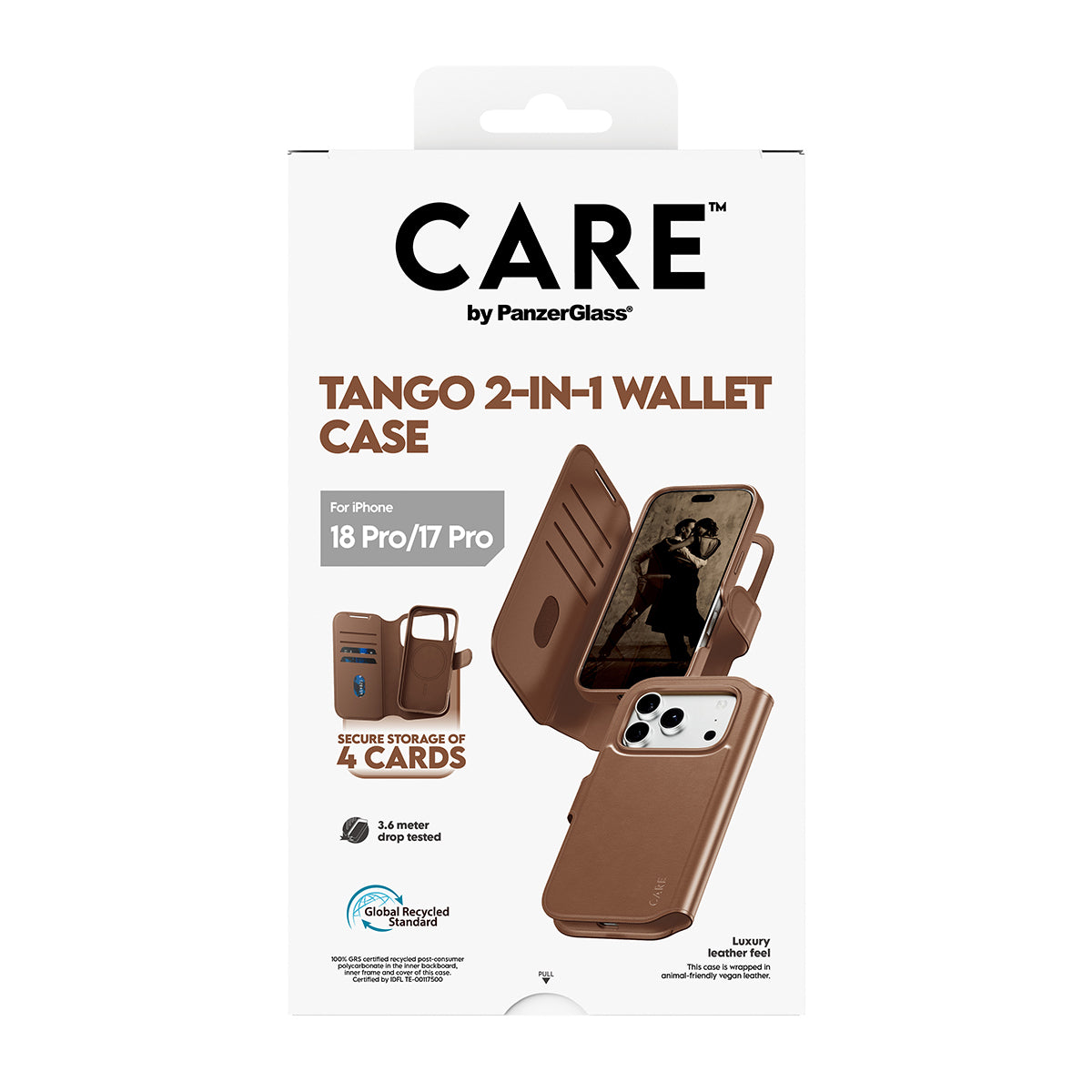 PanzerGlass CARE Tango Wallethülle – für Apple iPhone 18 Pro/17 Pro, MagSafe, Recycling-Kunststoff, Braun