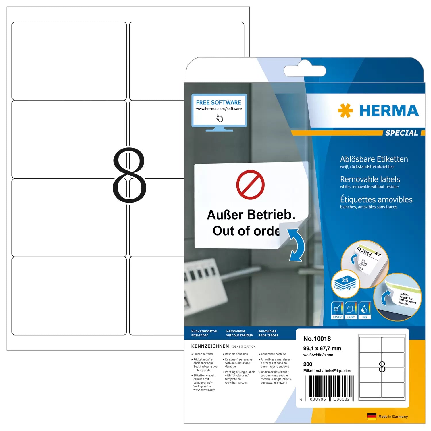 HERMA Drucketiketten, 99 mm × 68 mm, weiss, Papier, wiederablösbar, 25 Blätter (200 Etiketten)