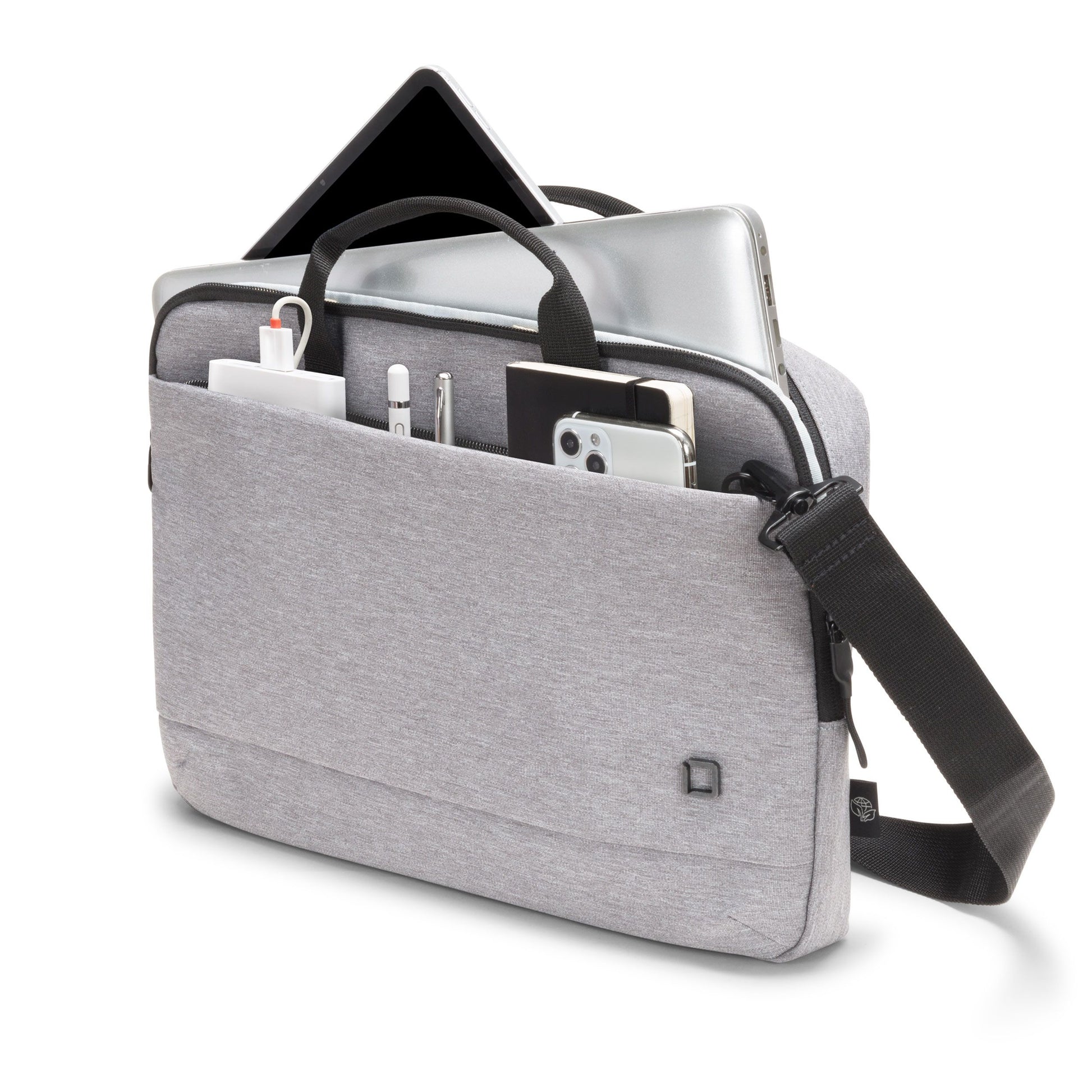 DICOTA Notebook-Tasche bis 15,6" – aus recyceltem PET, mit Schultergurt – Hellgrau