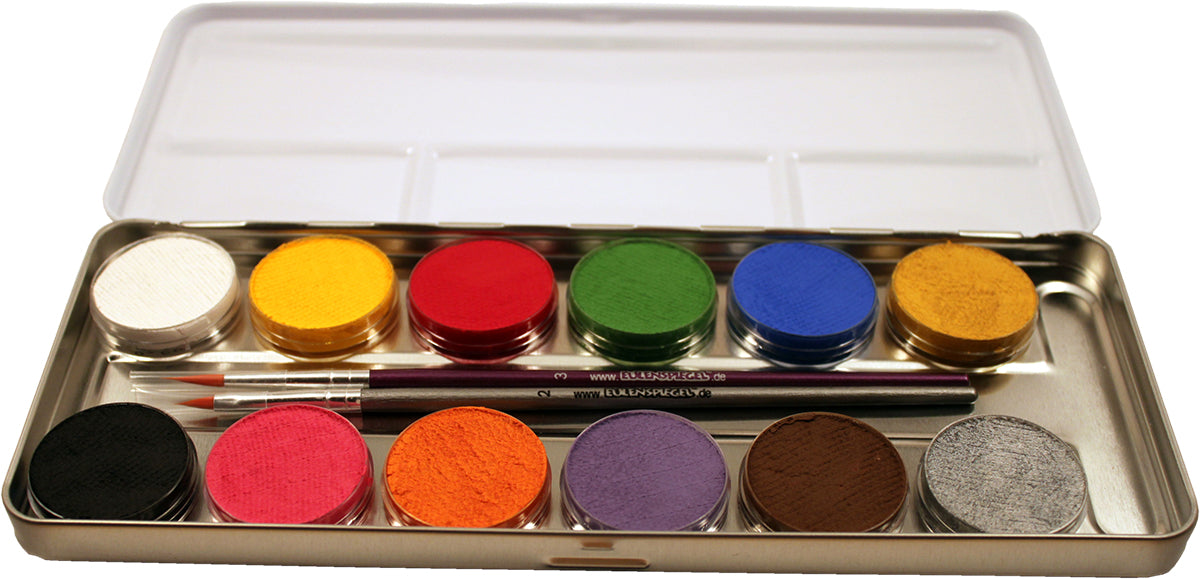 Eulenspiegel Gesichtsschminke – Mehrfarbig – 12 Farben – 42 ml, Metall-Palette