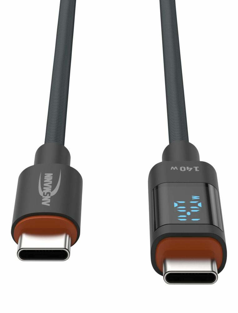 Ansmann USB-C auf USB-C Kabel – USB 2.0 (480 Mbit/s) – 2 m – PD 140 W – LED-Display – Anthrazit