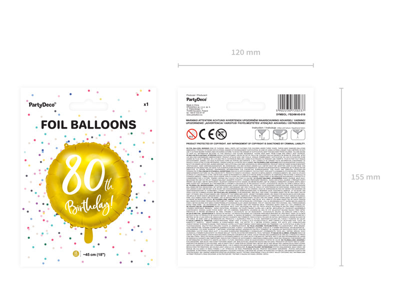 PartyDeco Folienballon Zahl 80 – Gold/Weiss – Ø 45 cm – Folie – 1 Stück – mit Helium befüllbar