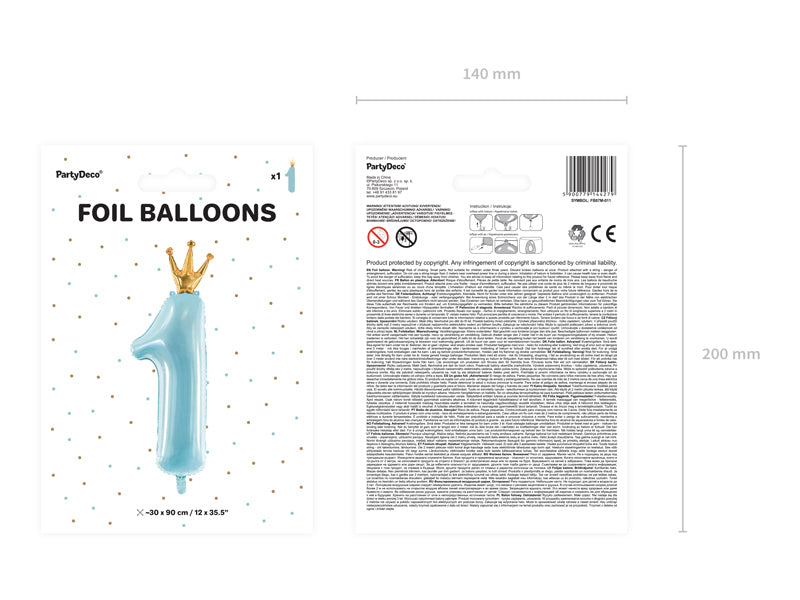 PartyDeco Folienballon Zahl 1 – blau/gold – 31 × 92 cm – 1 Stk – mit Helium befüllbar
