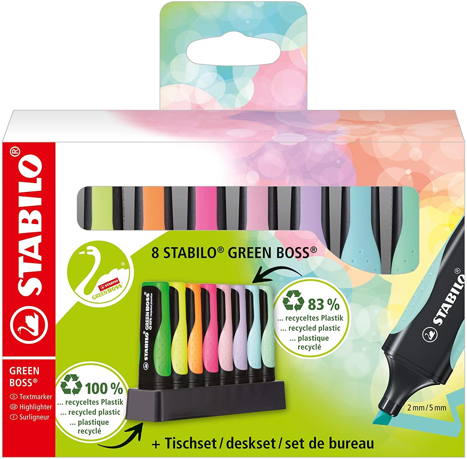 STABILO GREEN BOSS Textmarker Set 15 Farben Pastell – Keilspitze, 2–5 mm