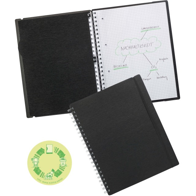 Kolma Notizbuch, Spiralbindung, Softcover, 200 Seiten, 4-fach gelocht, perforiert, 70 g/m² – Schwarz