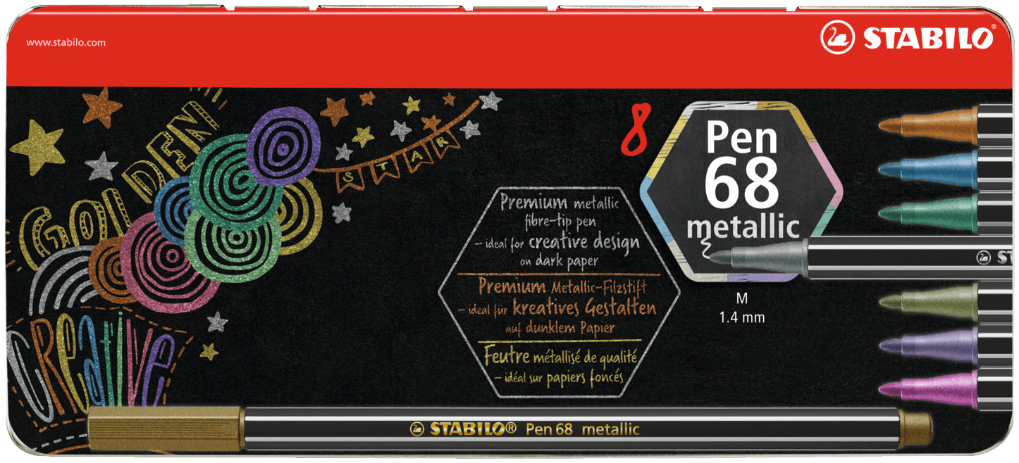 STABILO Pen 68 Metallic Filzstifte – Rundspitze, 1 mm, wasserbasiert, 8 Farben