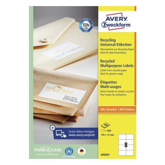 Avery Zweckform – Etiketten A4 105 × 74 mm – Papier, weiss – permanent haftend – 100 Blätter (800 Stk.)