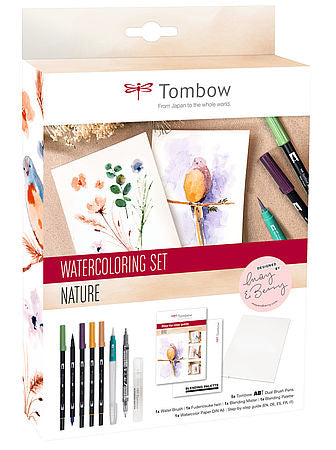 Tombow Watercoloring Set Nature – Bastelset Aquarell – 5 × ABT Dual Brush Pen, A6 15 Blatt 300 g/m2