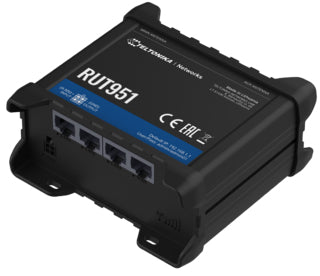 Teltonika Networks RUT951 – LTE Router, Wi‑Fi 4, 3× 100 Mbit/s Ethernet, 2× SIM, DIN-Schiene, Schwarz
