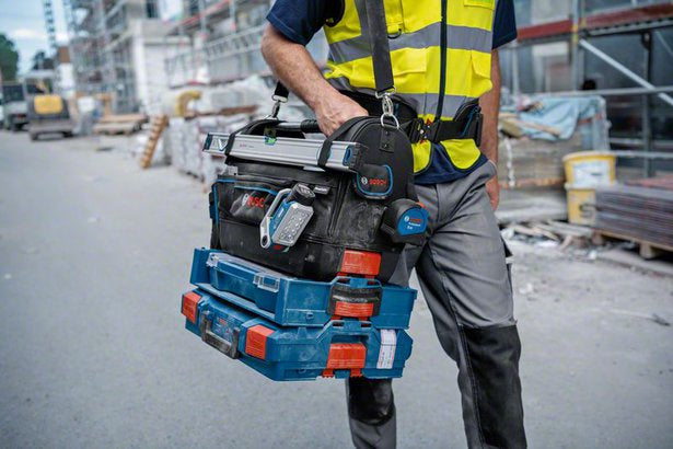 Bosch GWT 20 Werkzeugtasche – mit Schultergurt, mit Reissverschlusstaschen, 4 Fächer, schwarz/blau, Polyester