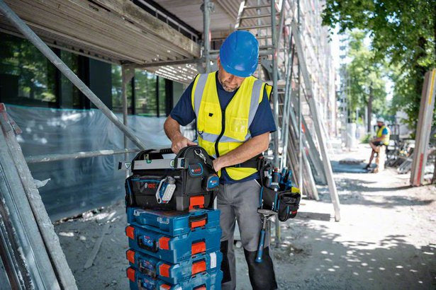 Bosch GWT 20 Werkzeugtasche – mit Schultergurt, mit Reissverschlusstaschen, 4 Fächer, schwarz/blau, Polyester