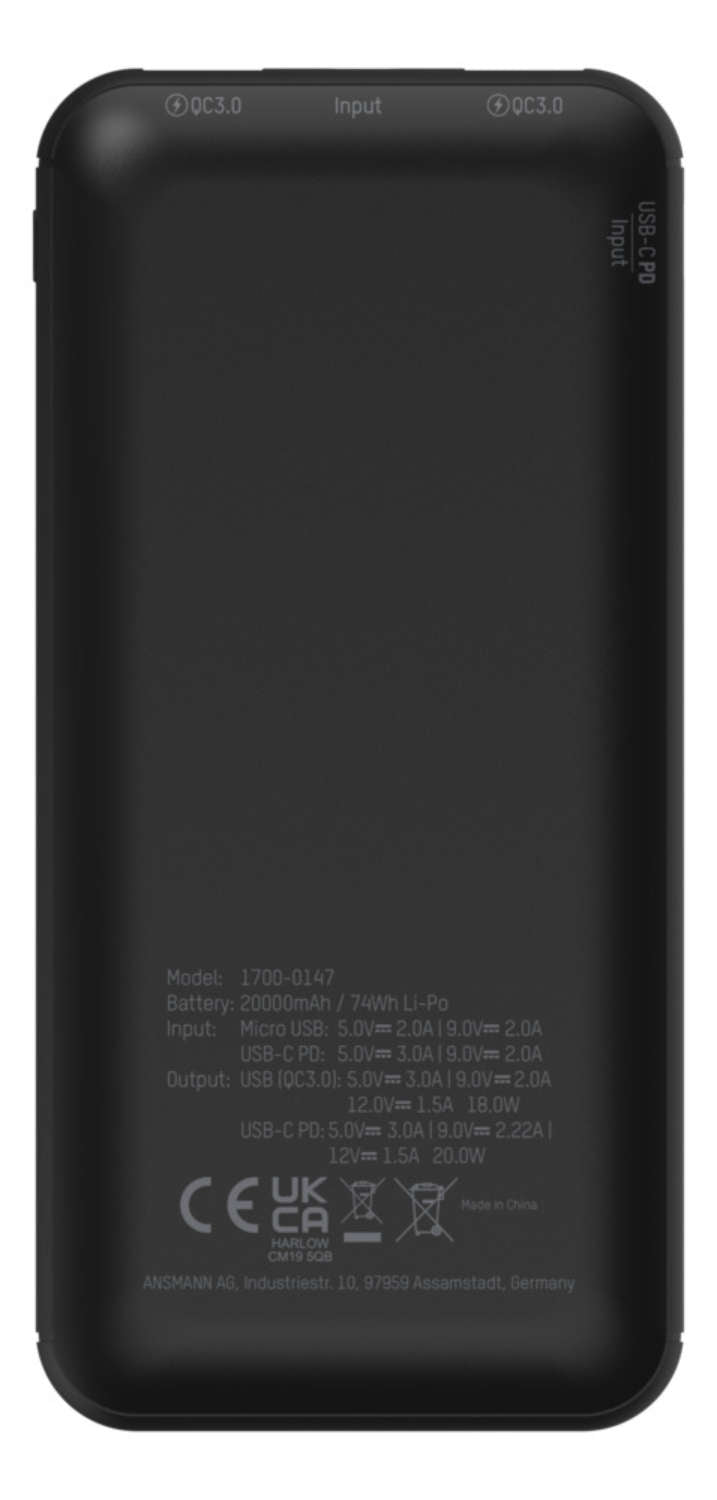Ansmann PB320PD Powerbank 20'000 mAh – 20 W PD, 1× USB-C, 2× USB-A, schwarz