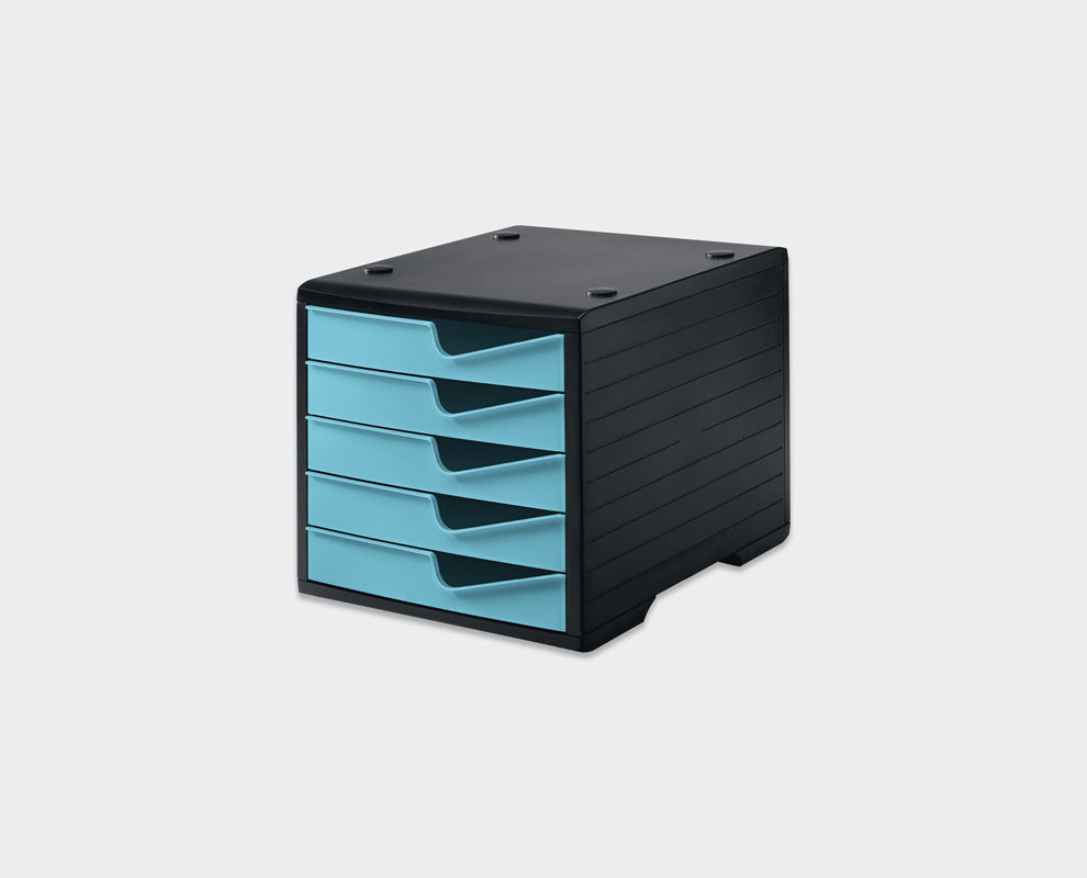 Styro Schubladenelement – 5 Schubladen, für C4, schwarz/aqua, Polystyrol (PS), B 270 × H 255 × T 340 mm