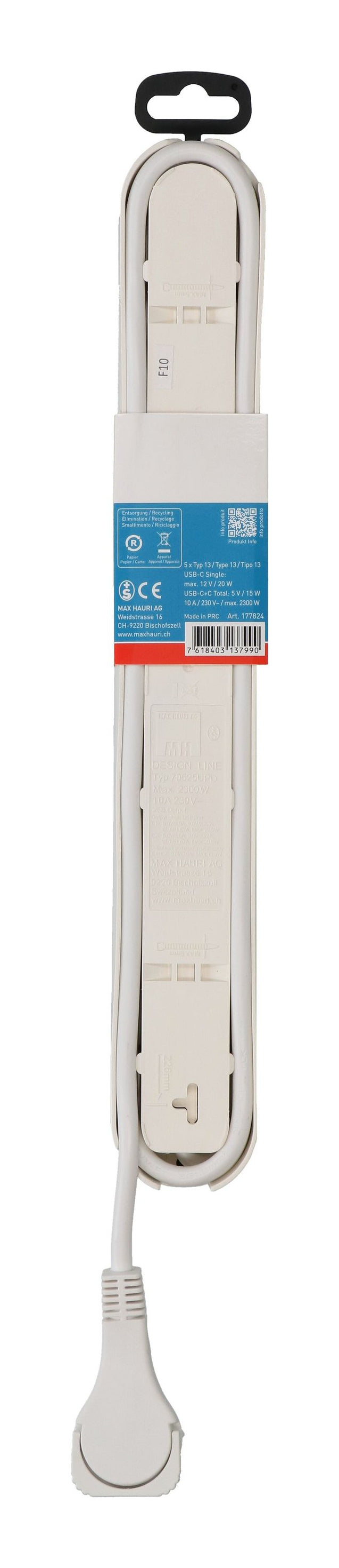 Max Hauri AG Max Hauri Design Line Steckdosenleiste – 5× T13, 2× USB-C 20 W, 2,2 m, mit Schalter, Weiss