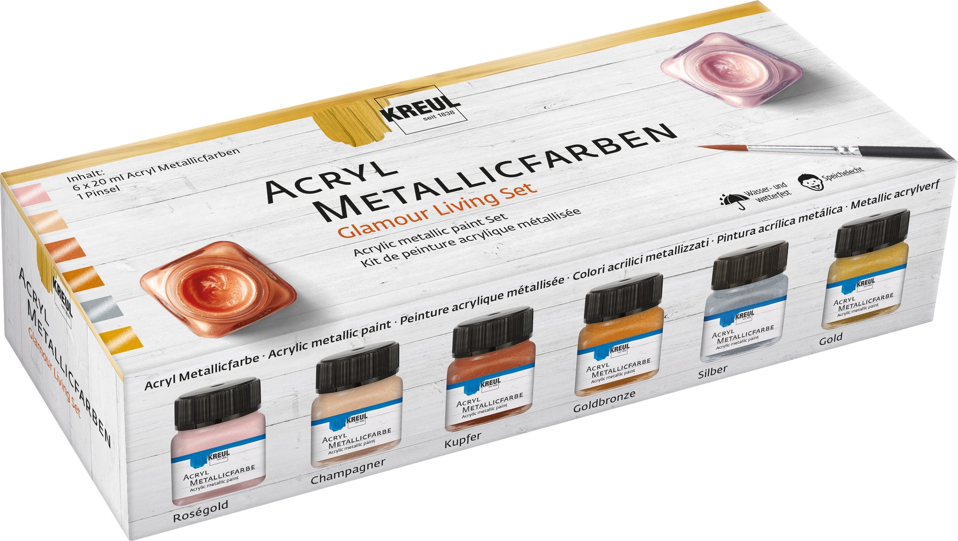 KREUL Acrylfarbe – Gold/Silber/Goldbronze/Kupfer/Champagner/Roségold – 6 Farben (6×20 ml, 120 ml)