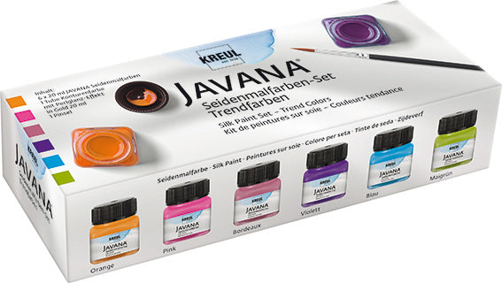 KREUL JAVANA Seidenmalfarbe – Trendfarben-Set – 6 Farben – 6×20 ml (120 ml) – Perlglanz-Kontur – für Seide