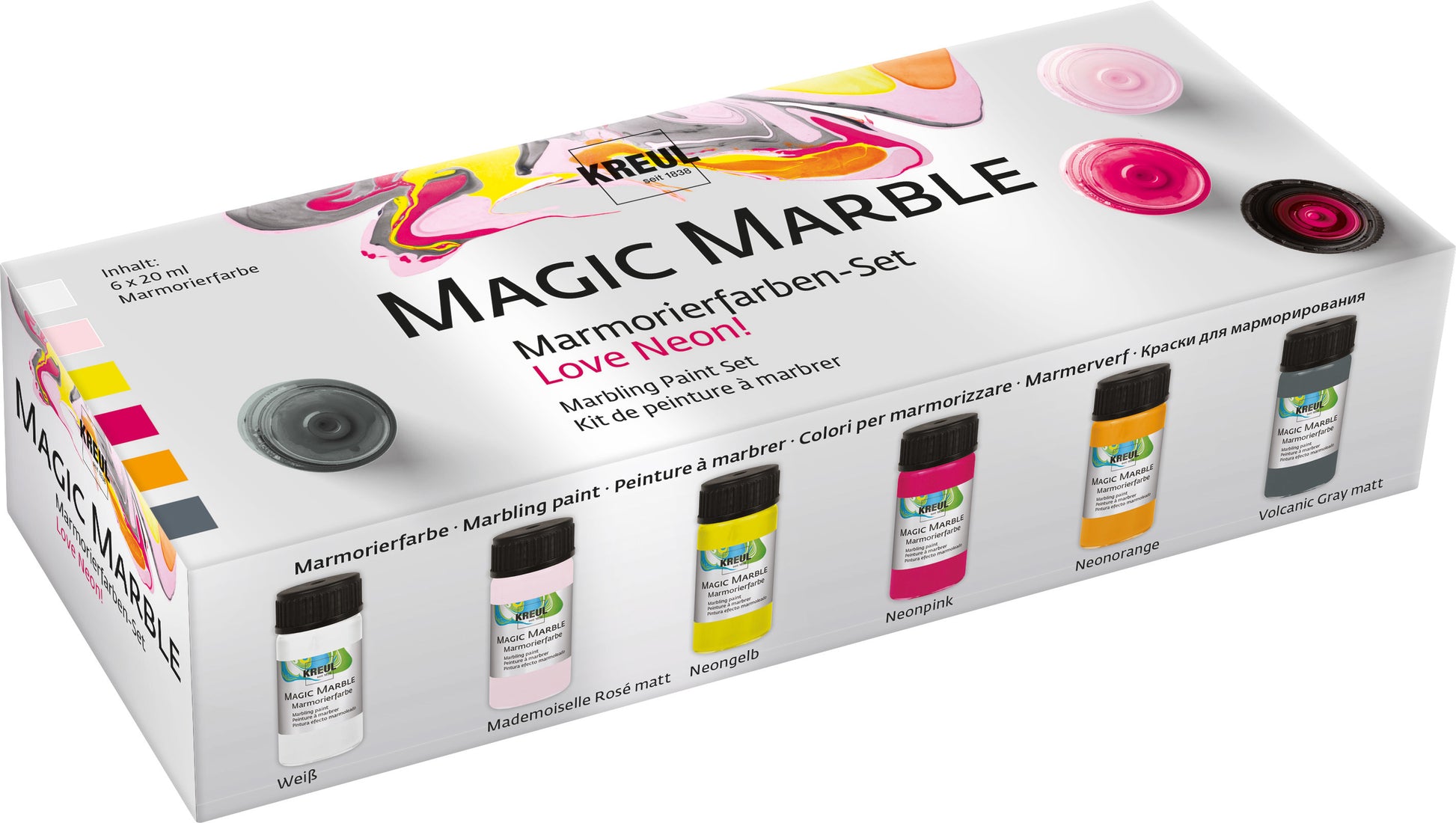 KREUL Marmorierfarbe – Weiss/Rosé matt/Neongelb/Neonorange/Neonpink/Grau matt – 6 Farben, 6×20 ml (120 ml)