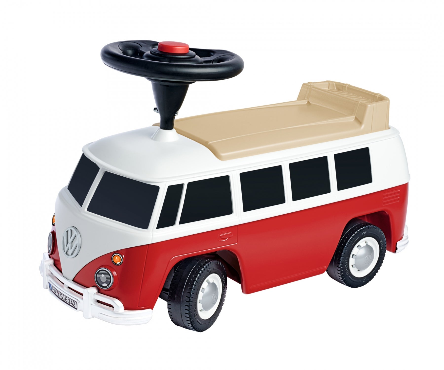 BIG Baby VW T1 Aufsitzauto – Hupe, Flüsterräder, Anhängerkupplung – 24 × 37 × 60 cm – ab 1,5 J. – rot