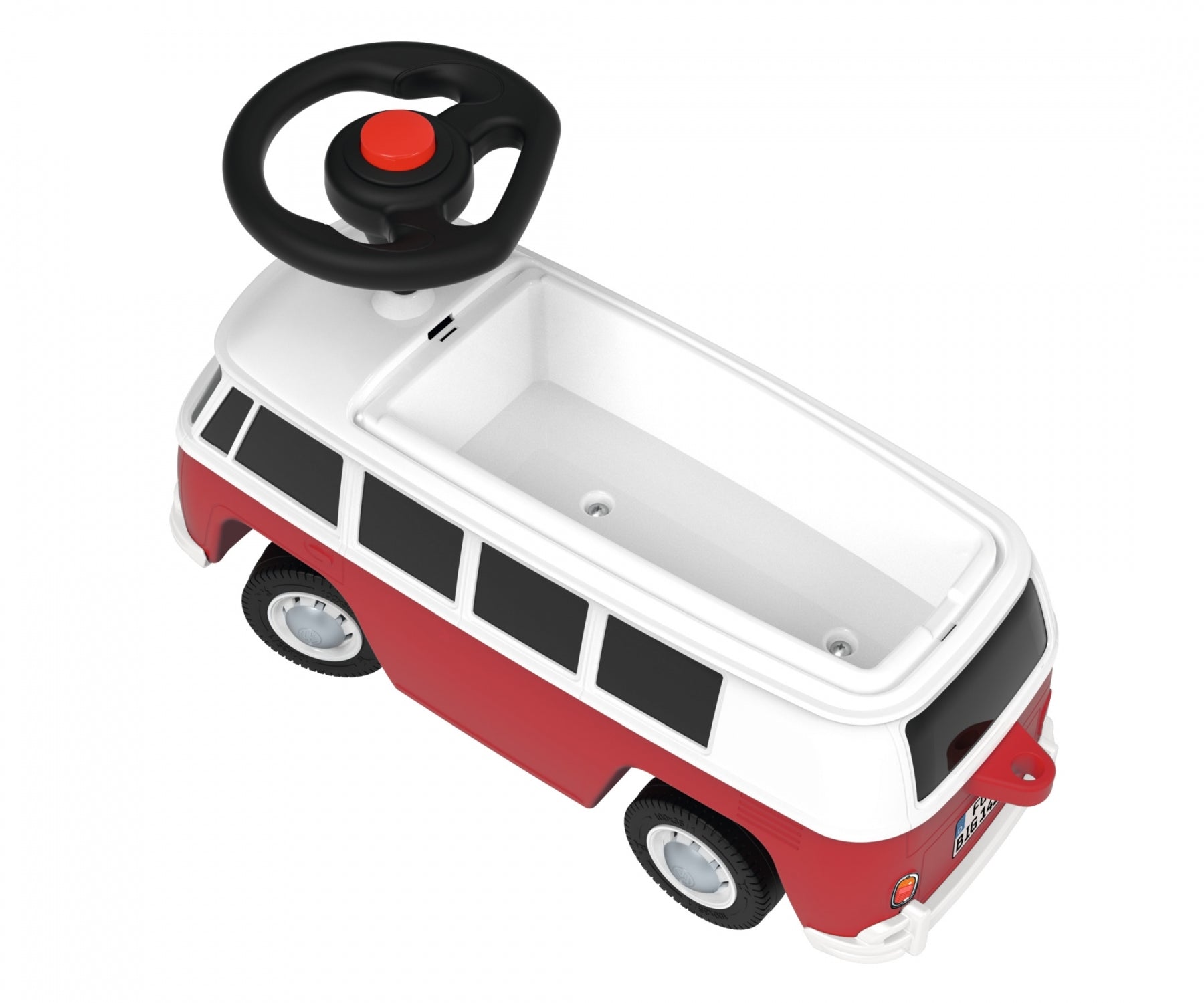 BIG Baby VW T1 Aufsitzauto – Hupe, Flüsterräder, Anhängerkupplung – 24 × 37 × 60 cm – ab 1,5 J. – rot