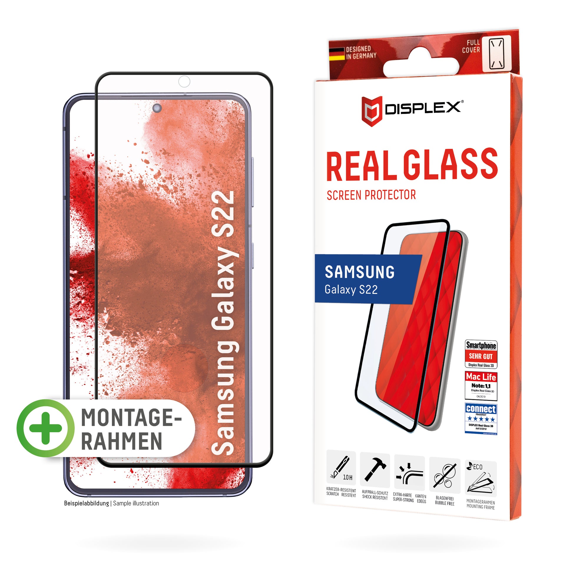 Displex Displayschutz (Panzerglas), Full Cover – für Galaxy S22 – mit Applikator