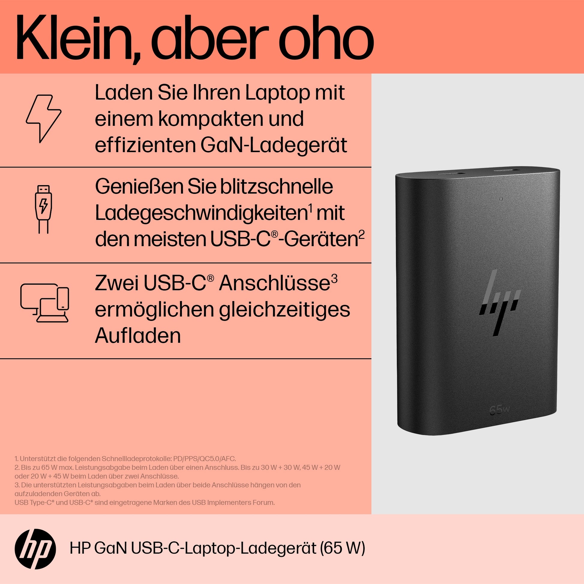 HP Netzteil – 65 W, 5–20 V – Schwarz