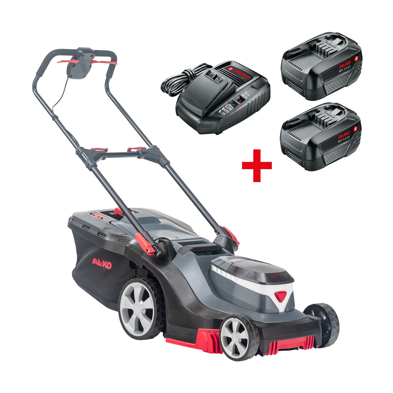 AL-KO Akku-Rasenmäher 382 Li Premium – 18 V, Schnittbreite 38 cm, Grasfangkorb 45 l, inkl. 2 × 5 Ah Akku