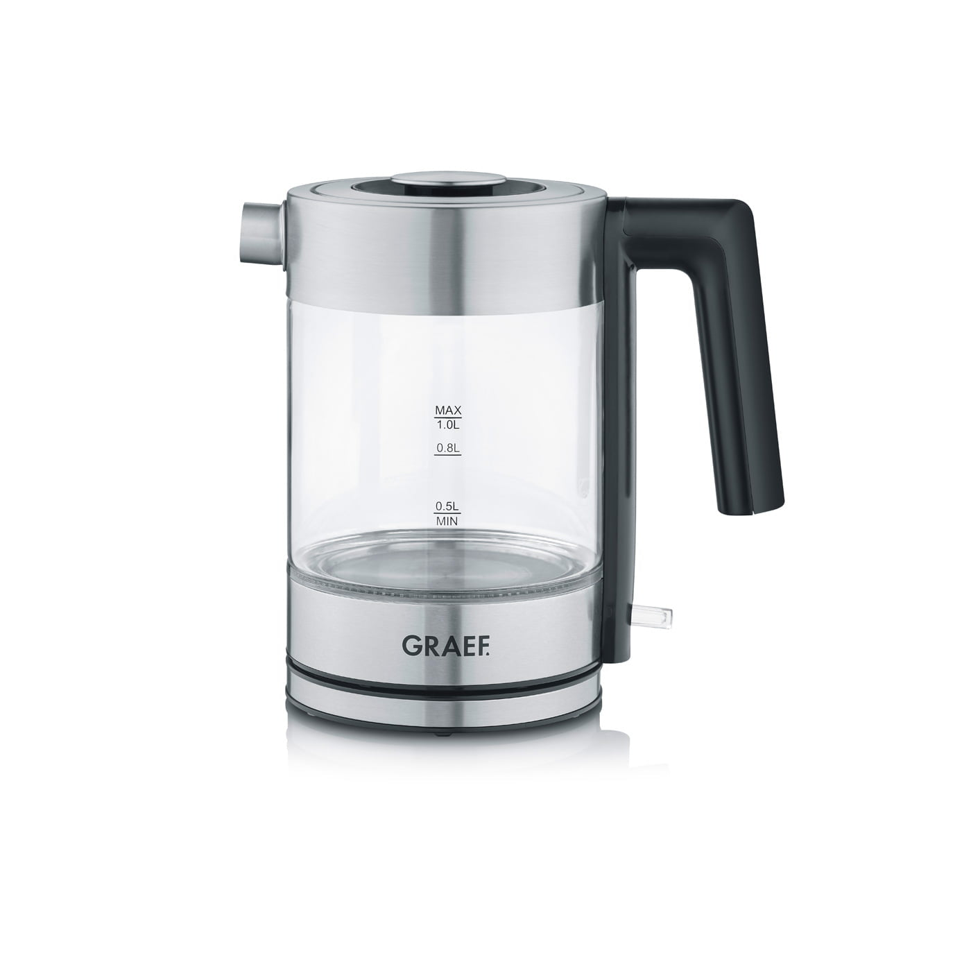 Graef Wasserkocher WK300 – 1 l, Edelstahl, Glas, 2200 W, Grau, Transparent, 360°-Sockel