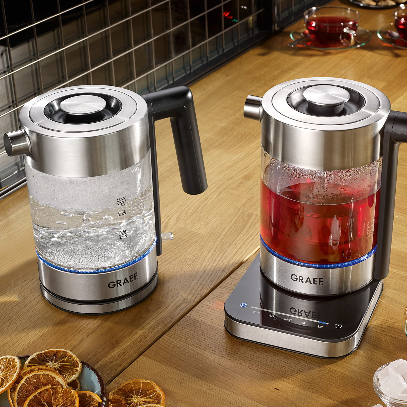 Graef Wasserkocher WK300 – 1 l, Edelstahl, Glas, 2200 W, Grau, Transparent, 360°-Sockel