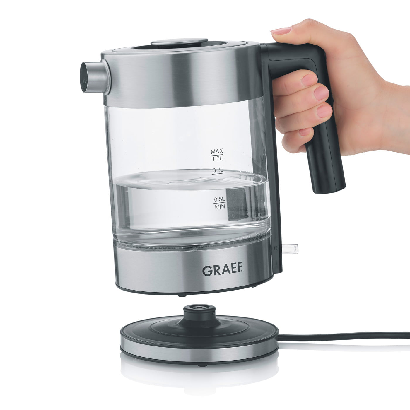 Graef Wasserkocher WK300 – 1 l, Edelstahl, Glas, 2200 W, Grau, Transparent, 360°-Sockel