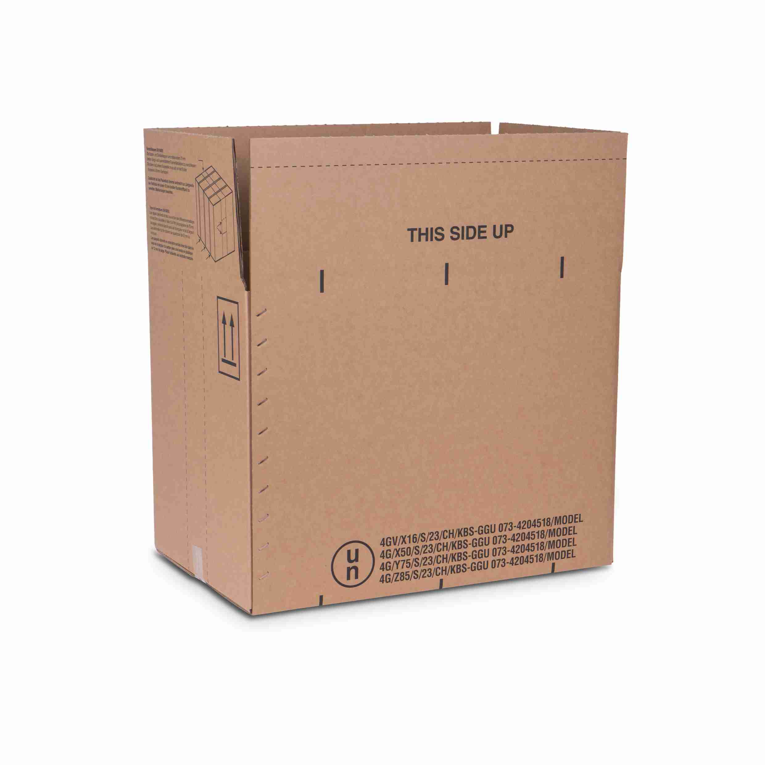 Model Versandverpackung – für Gefahrgut UN90/85 – 570 × 370 × 430 mm, braun, max. 40 kg, selbstklebend – 1 Stk., ab 60 Stk.