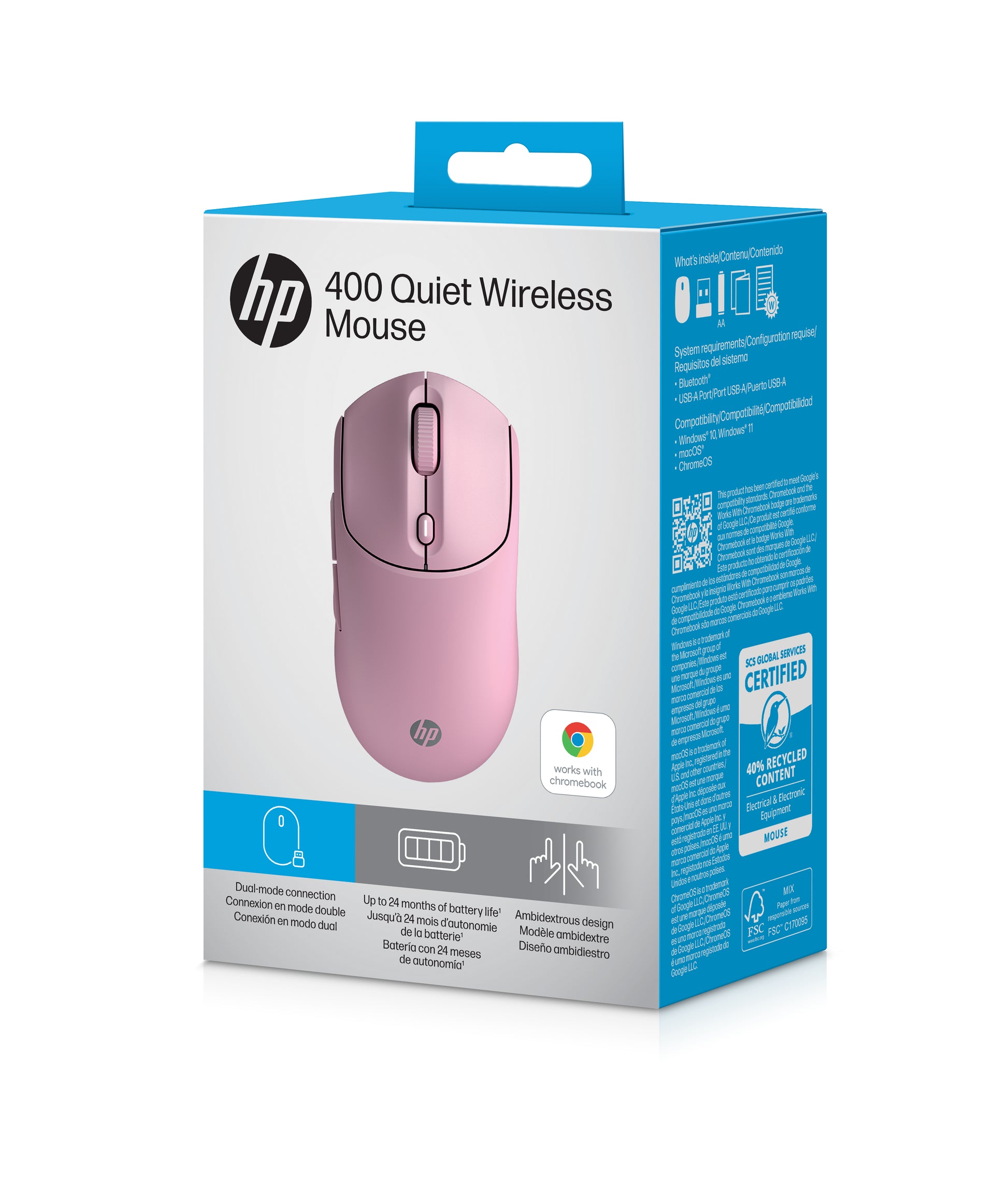 HP 400 – Maus – Kabellos (Bluetooth/2,4 GHz), 6000 DPI, Beidhändig, Pink