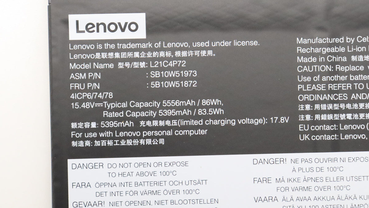 Lenovo Notebook-Akku – für Lenovo ThinkPad – 86 Wh, 15,48 V (4 Zellen) – Schwarz