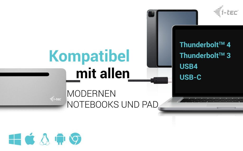 i-tec Dockingstation – USB-C, 2× DP, HDMI, 4× USB-A, 100 W PD, GbE, für Windows/Mac/ChromeOS