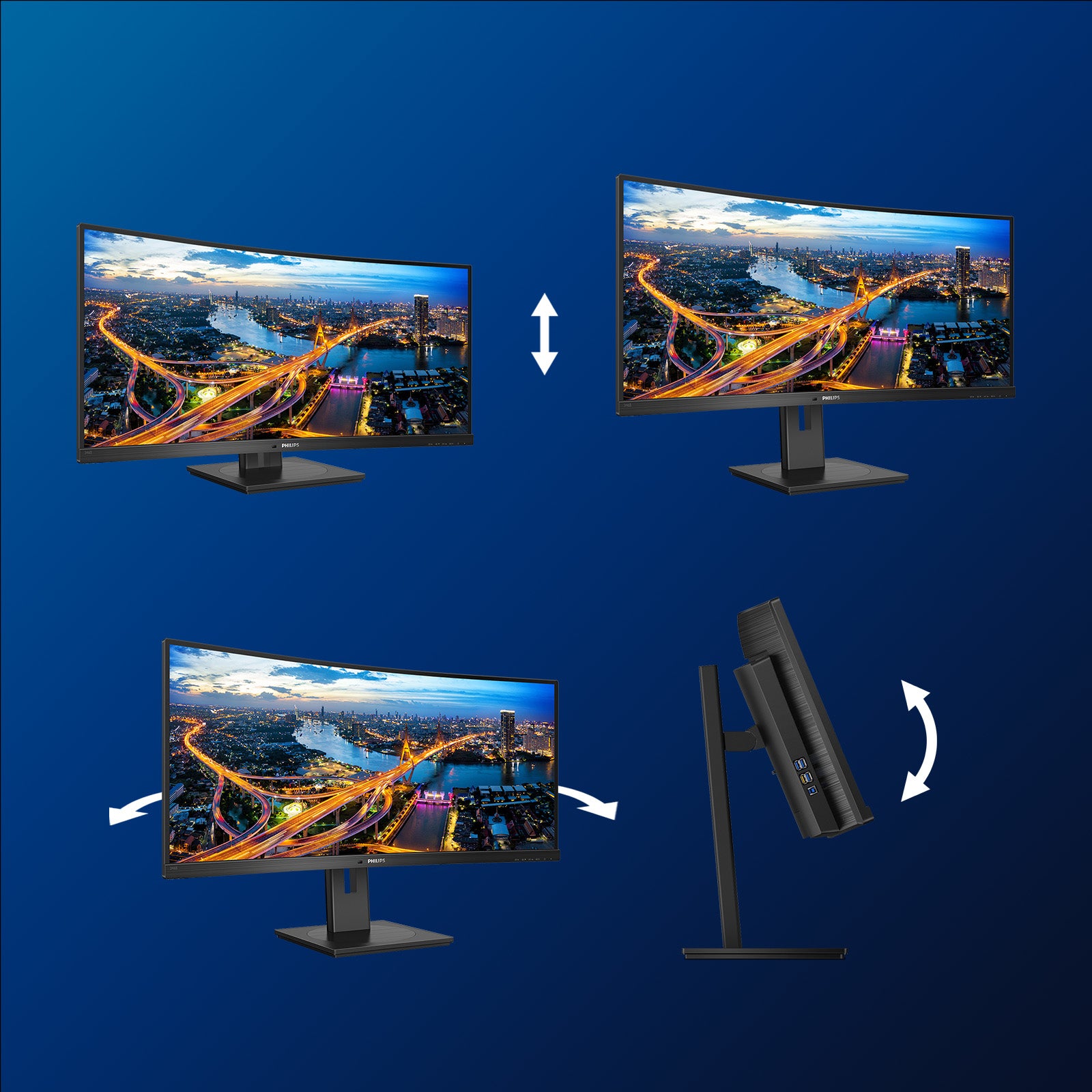 Philips 346B1C/00 – Monitor, 34", VA, 100 Hz, 300 cd/m², KVM, USB-C, Gebogen, VESA 100 × 100, Schwarz