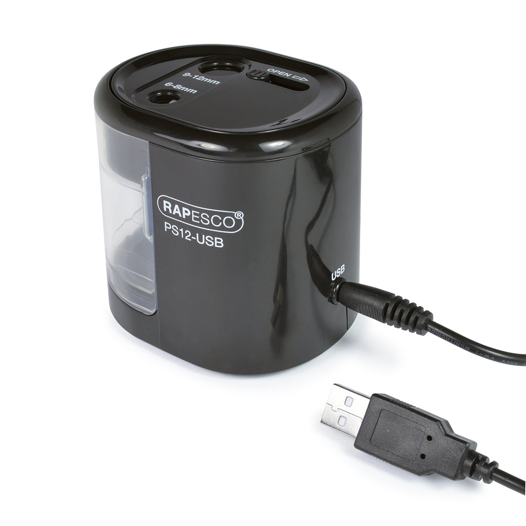 Rapesco RA-1449 Elektro-Spitzmaschine – für Ø 6–12 mm – USB/Batteriebetrieben (4×AA) – Kunststoff – Schwarz