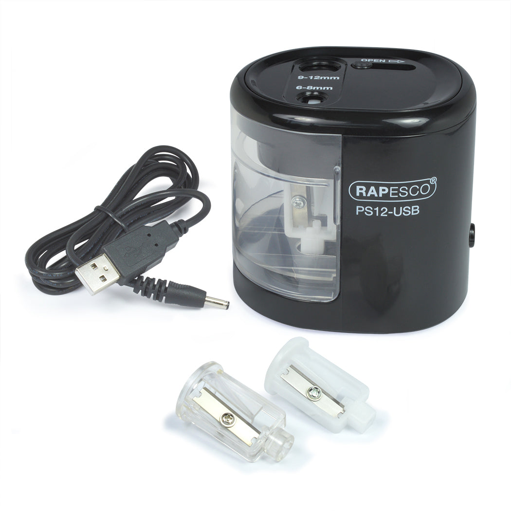 Rapesco RA-1449 Elektro-Spitzmaschine – für Ø 6–12 mm – USB/Batteriebetrieben (4×AA) – Kunststoff – Schwarz