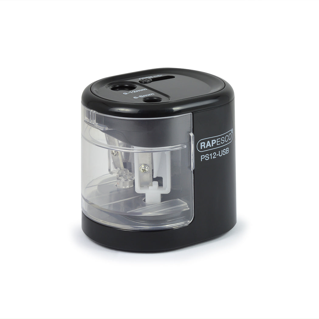Rapesco RA-1449 Elektro-Spitzmaschine – für Ø 6–12 mm – USB/Batteriebetrieben (4×AA) – Kunststoff – Schwarz