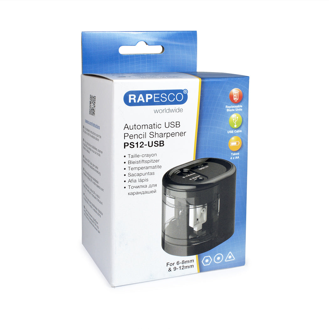 Rapesco RA-1449 Elektro-Spitzmaschine – für Ø 6–12 mm – USB/Batteriebetrieben (4×AA) – Kunststoff – Schwarz