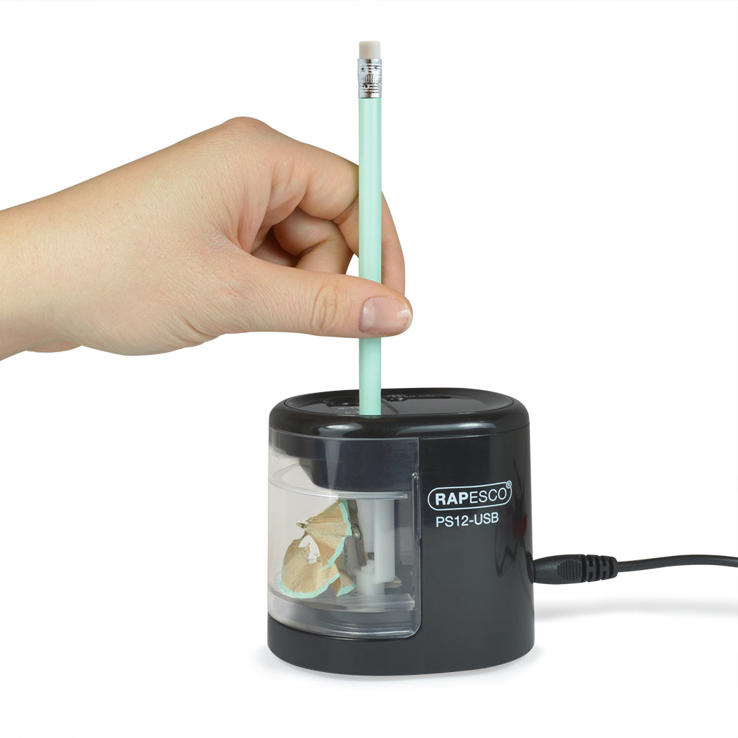 Rapesco RA-1449 Elektro-Spitzmaschine – für Ø 6–12 mm – USB/Batteriebetrieben (4×AA) – Kunststoff – Schwarz