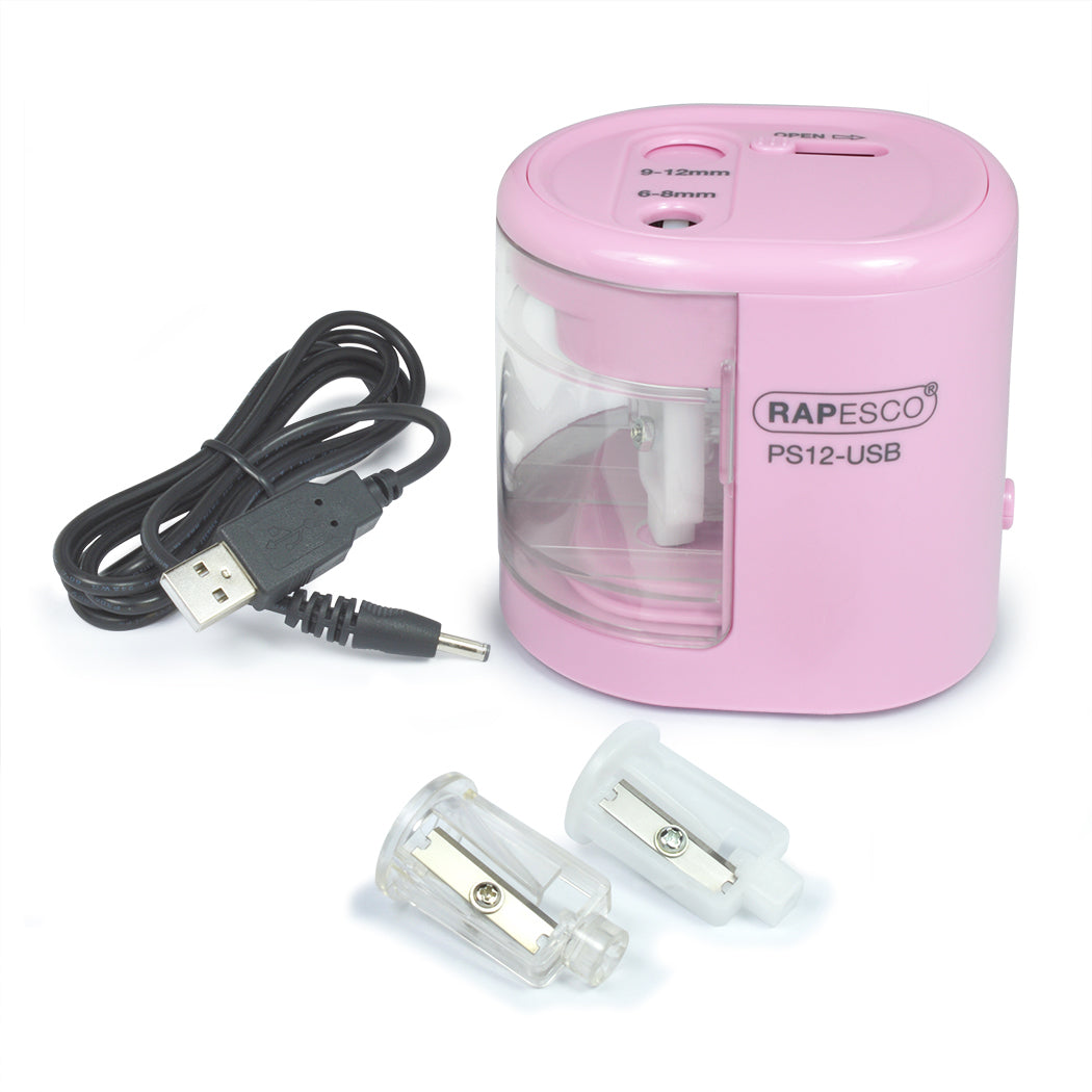 Rapesco PS12-USB Elektro-Spitzmaschine – für Ø 6–8 + 9–12 mm – USB/Batterie (4×AA) – rosa